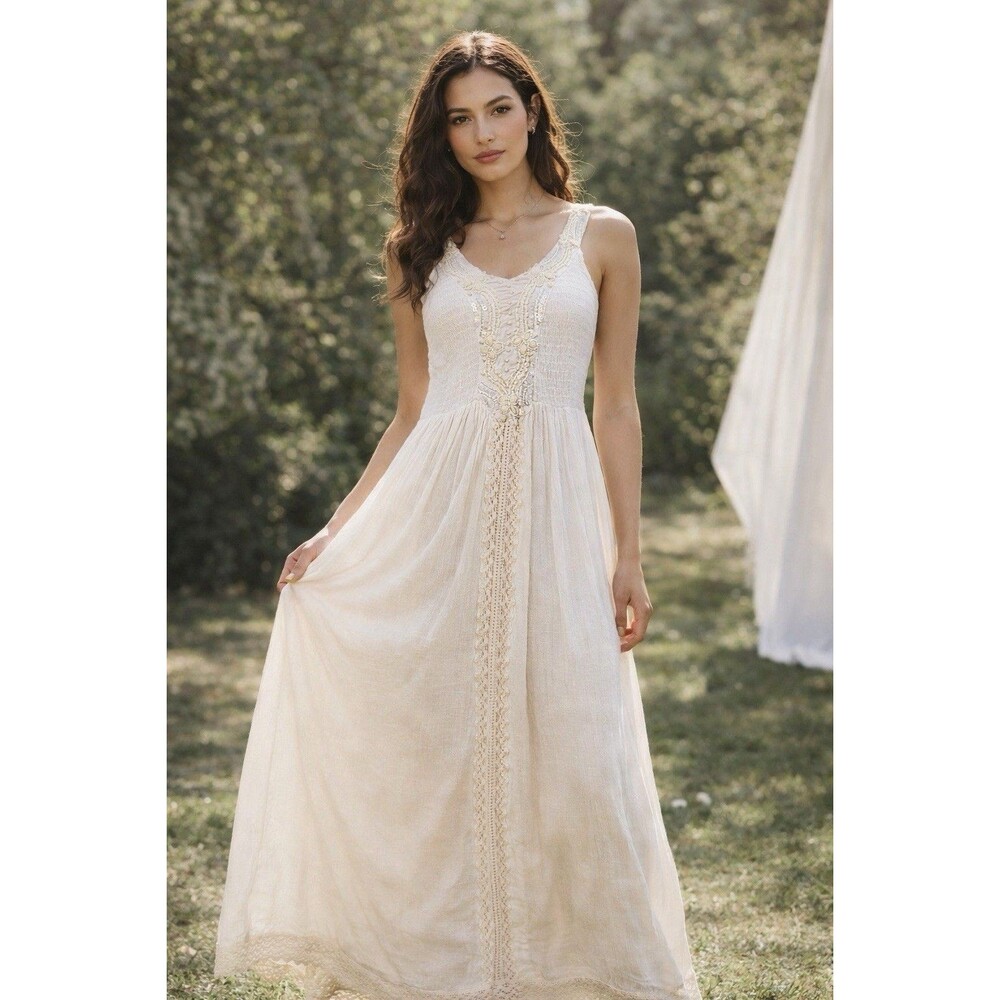 VtG Magic SZ M Coastal Butterfly Beach maxi dress boho Embellished Creme Ivory